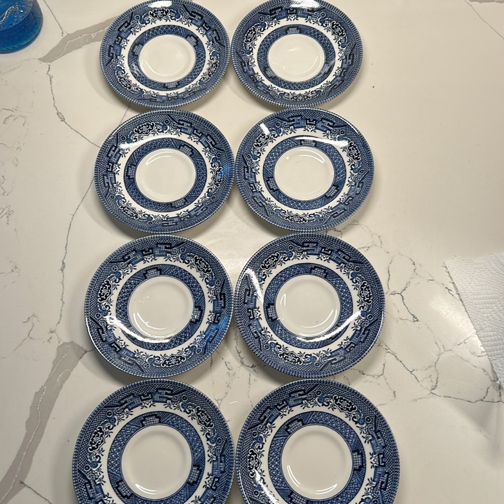 7 beautiful Churchhill, England, blue and white saucers! Closet, clean out!